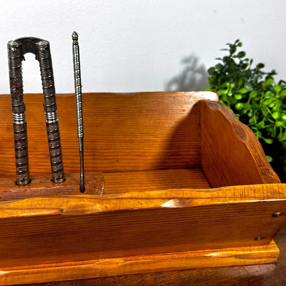 Vintage Handcrafted Wood Nut Cracker Bowl w/ 1 Crackers & 1 Pick Tray Box 7x13